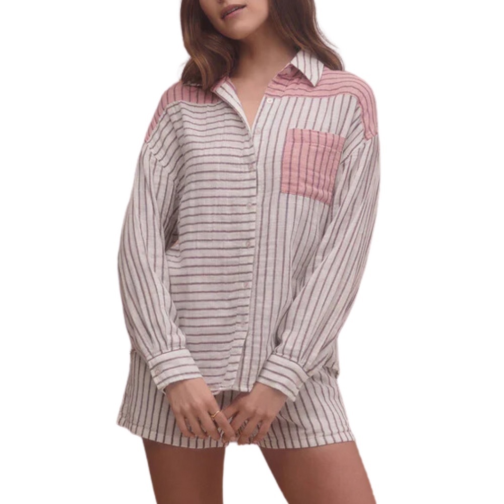 Z Supply All Mixed Up Stripe 100% Cotton Button Down‎ Shirt in Bone
